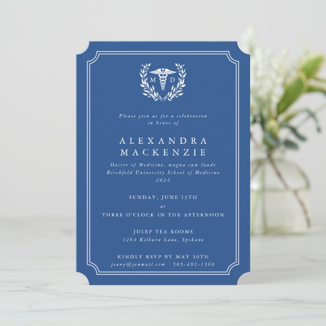 Convite Formatura de Caduceu Azul/Branco MD (Em pé/Frente)