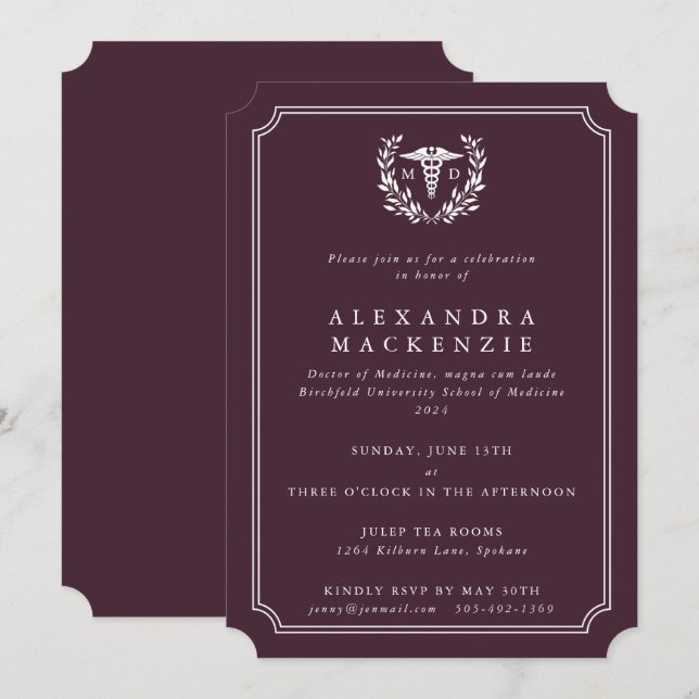 Convite Formatura de Doutor em Medicina Burgundy/Branco Ca (Frente/Verso)