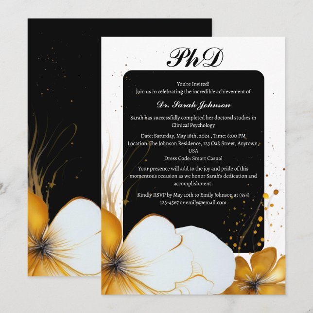 Convite Formatura de Doutorado ou PhD em Preto e Dourado (Frente/Verso)