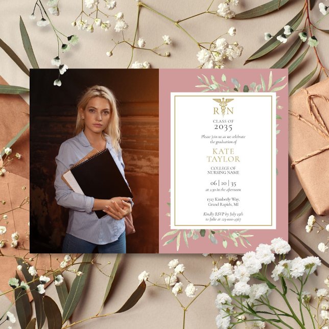 Convite Formatura de Enfermagem em Rosa Po dusty Foliagem  (RN Nursing Graduation Dusty Rose Foliage Photo Invitation)
