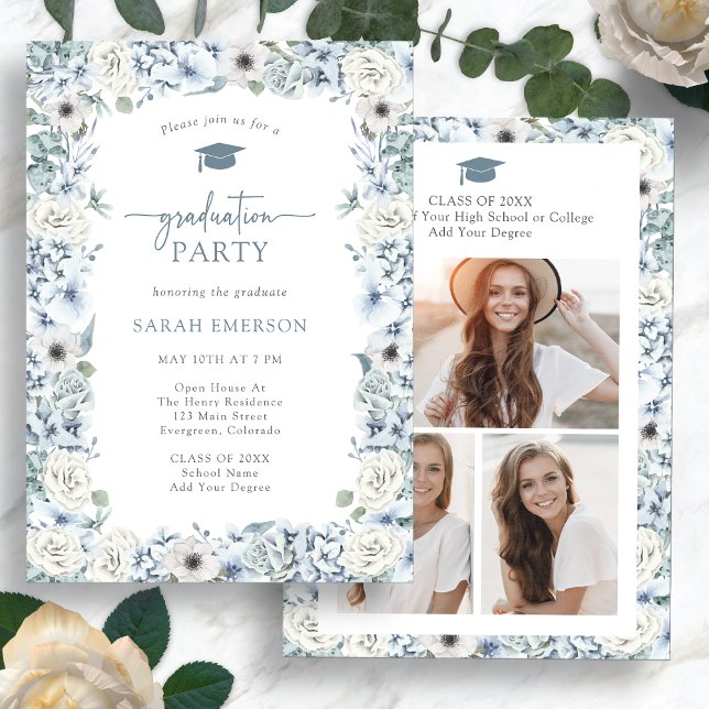 Convite Formatura de Floral Azul (Watercolor Blue Floral Graduation Party Invitation Photo Collage by Painted Paperie
)