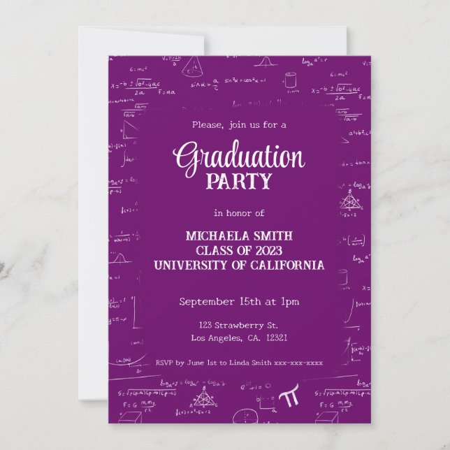 Convite Formatura de Matemática com Letreiro Manual Roxo E (Frente)