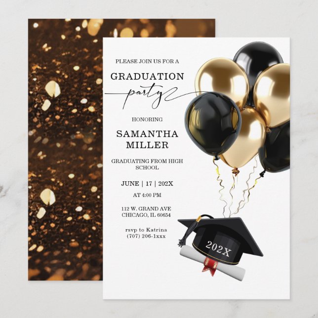 Convite Formatura do Ensino Médio Dourado e Preto (Frente/Verso)