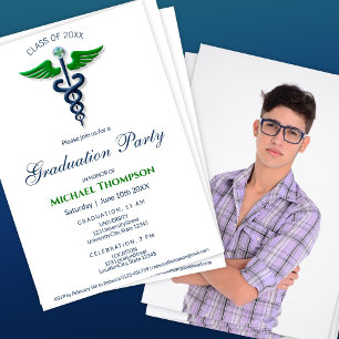 Convite Formatura em Medicina Caduceu Azul Verde   Foto