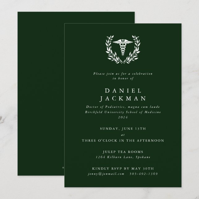Convite Formatura em Medicina com Caduceu Verde Escuro (Frente/Verso)