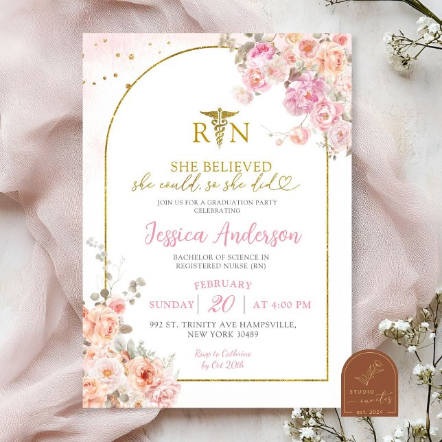 Convite Formatura Floral Rosa Enfermeira (Criador carregado)