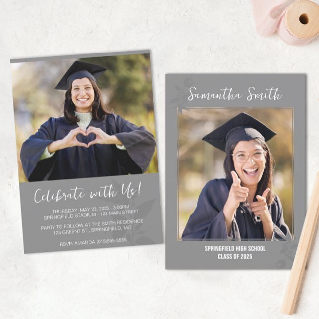 Convite Formatura Foto Moderna Cinza (Modern Graduation Announcement)