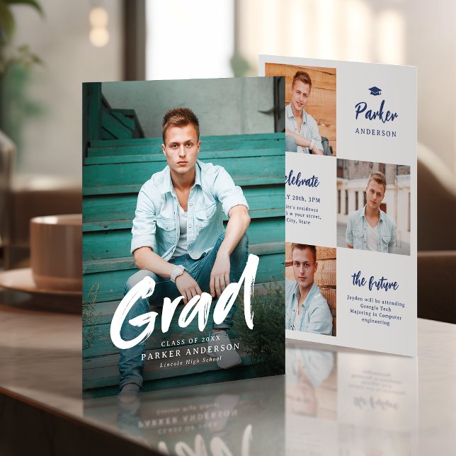 Convite Formatura Foto Script com Pincel Moderno Azul (Blue Modern Brush Script Photo Graduation Invitation)