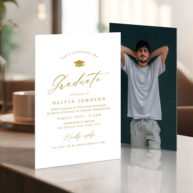 Convite Formatura Foto Simples Caligrafia Moderna Dourada (Gold Modern Calligraphy Simple Photo Graduation Invitation)