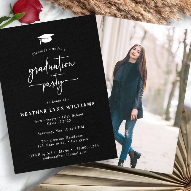 Convite Formatura Foto Simples Preta (Black Simple Photo Graduation  Party Invitation by Painted Paperie
)