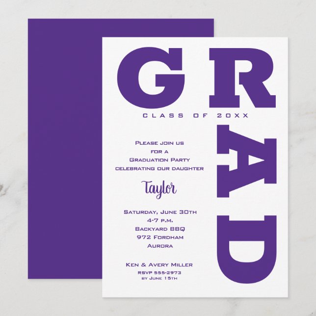 Convite Formatura GRAD Roxo e Branco em negrito (Frente/Verso)
