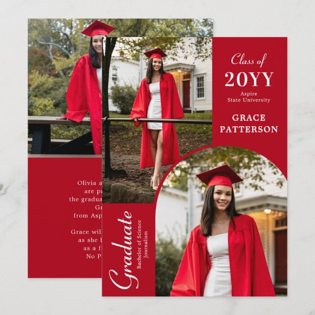 Convite Formatura Moderna em Vermelho e Branco com Três Fo (Frente/Verso)