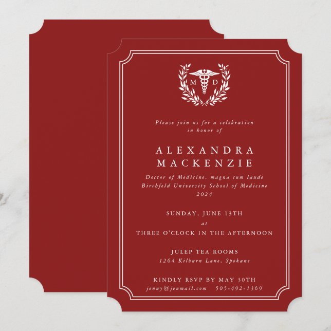 Convite Formatura no Caduceu MD Vermelho/Branco (Frente/Verso)