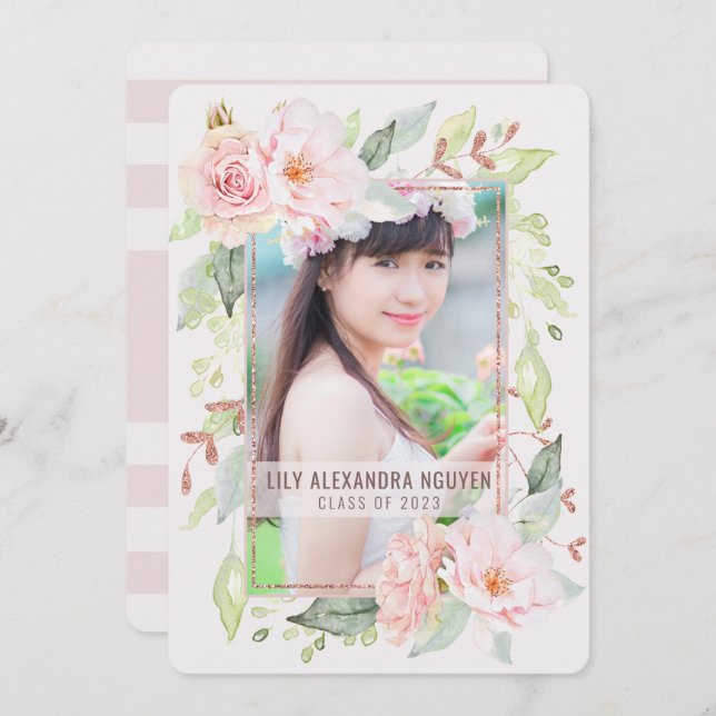 Convite Formatura | Rosa Floral de Blush de Aquarela (Frente/Verso)