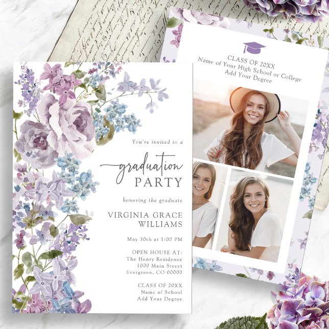 Convite Formatura Roxo Floral (Watercolor Floral Purple Lilac Graduation Invitation Pictures on back by Painted Paperie
)
