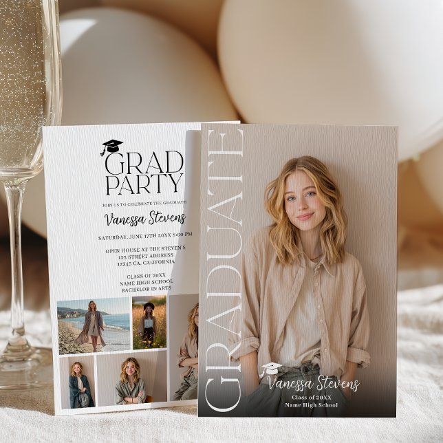 Convite Formatura simples e moderna com 6 fotos (Modern Casual Simple Trendy 6 photos graduation Invitation)