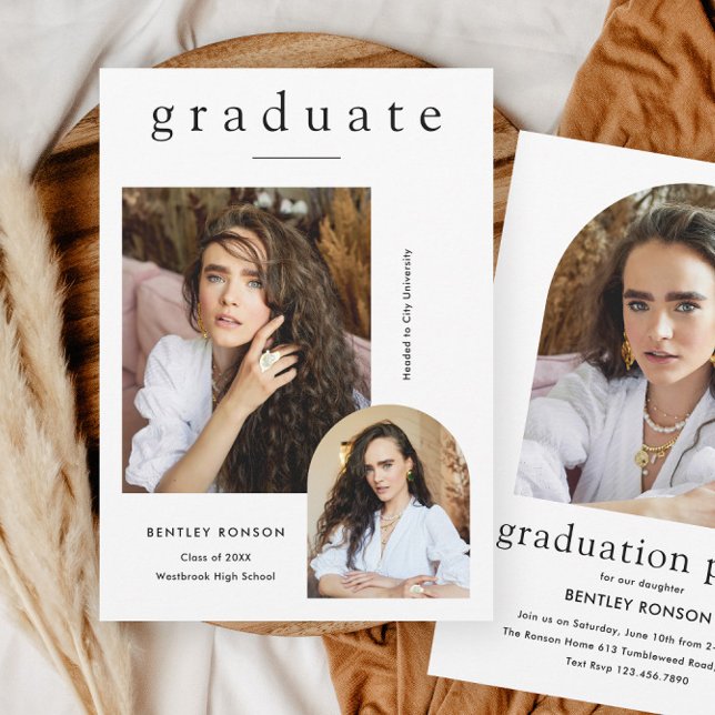Convite Formatura Simples Moderna 3 Fotos (Modern minimal 3 photo graduation invitations with arch photos.)