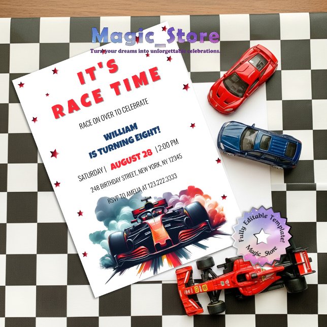 Convite Formula Race Car Red Smoke Stars F1 Birthday (Criador carregado)