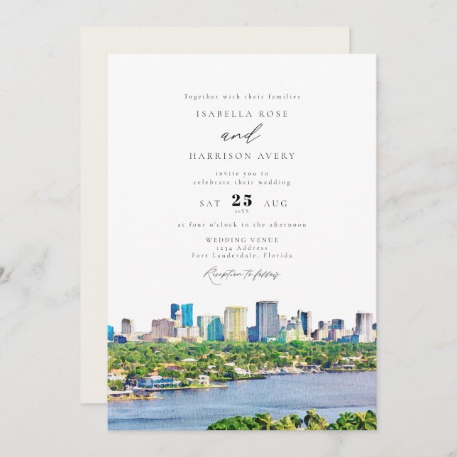 Convite FORT LAUDERDALE Watercolor Casamento Skyline (Frente/Verso)