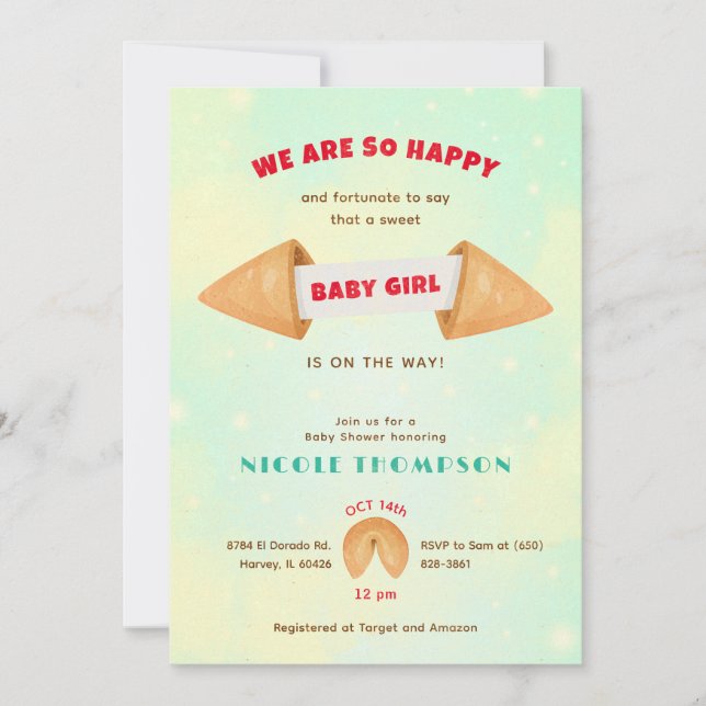 Convite Fortune Cookie É Bebê Menina Chá Bonito (Frente)