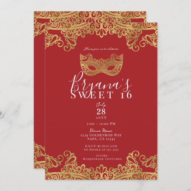 Convite Fortune Red & Dourado Lace Mascarada Doce 16 Party (Frente/Verso)