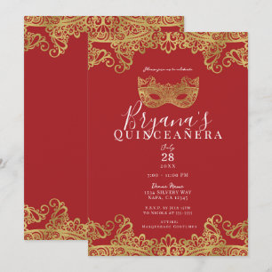Convite Fortune Vermelho Lace Dourado Máscara 15 Quinceañe