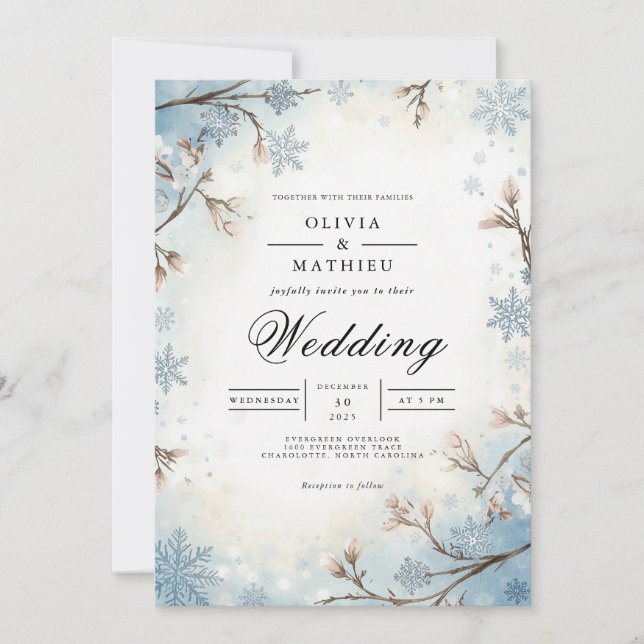 Convite Fosco Ramifica Casamento no inverno azul (Frente)