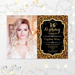Convite Foto 16ª Festa de aniversário Impressão Preta-Leop<br><div class="desc">Leopard imprimiu 16º convite de aniversário com sua foto. Possui padrão de chita,  fonte de script e confetti. Design branco preto clássico com ouro brilhante falso. Perfeito para uma elegante impressão animal doce,  16 dias de festa.</div>