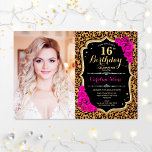 Convite Foto 16ª Festa de aniversário rosa Dourada Leopard<br><div class="desc">Leopard imprimiu 16º convite de aniversário com sua foto. Apresenta padrão de chita,  fonte de script,  rosas fuchsia e confetti. Design branco-preto clássico,  cor-de-rosa,  com ouro falso brilhante. Perfeito para uma elegante impressão animal doce,  16 dias de festa.</div>