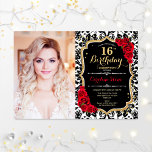 Convite Foto 16ª Festa de aniversário Vermelha Dourada Dam<br><div class="desc">16º convite de aniversário com sua foto. Apresenta damask,  script font,  rosa vermelha e confetti. Design vermelho preto clássico com ouro brilhante. Perfeito para uma elegante e doce celebração de 16 dias.</div>