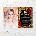 Convite Foto 16ª Festa de aniversário Vermelha Dourada Imp<br><div class="desc">Leopard imprimiu 16º convite de aniversário com sua foto. Apresenta um padrão de chita,  fonte de script,  rosa vermelha e confetti. Design vermelho preto clássico com ouro brilhante. Perfeito para uma elegante impressão animal doce,  16 dias de festa.</div>