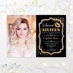 Convite Foto: 16 Aniversário - Beijo Preto Dourado<br><div class="desc">Foto Doce 16 Aniversário. Doce dezesseis convites de aniversário com sua foto. Possui fonte de script,  lábios beijam e confetti. Design preto clássico com ouro brilhante falso. Perfeito para uma elegante festa de 16 dias de glama.</div>
