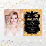 Convite Foto: 16 Aniversário - Dourado Beijo<br><div class="desc">Foto Doce 16 Aniversário - Dourado Beijo Preto. Doce dezesseis convites de aniversário com sua foto. Possui fonte de script,  lábios beijam e confetti. Design preto clássico com ouro brilhante falso. Perfeito para uma elegante festa de 16 dias de glam.</div>
