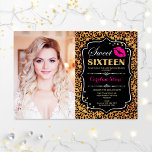 Convite Foto: 16 Aniversário - Pink Kiss Leopard Print<br><div class="desc">Foto: 16 Aniversário - beijo rosa quente fuchsia. Convite para impressão de leopardo. Doce dezesseis convites de aniversário com sua foto. Possui impressão leopardo,  fonte de script,  lábios beijam e confetti. Design de tema animal clássico com ouro brilhante falso. Perfeito para uma elegante festa de 16 dias.</div>