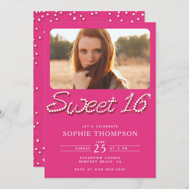 Convite Foto 16 Chic Sweet 16 do Elegant Hot Pink Rhinesto (Frente/Verso)