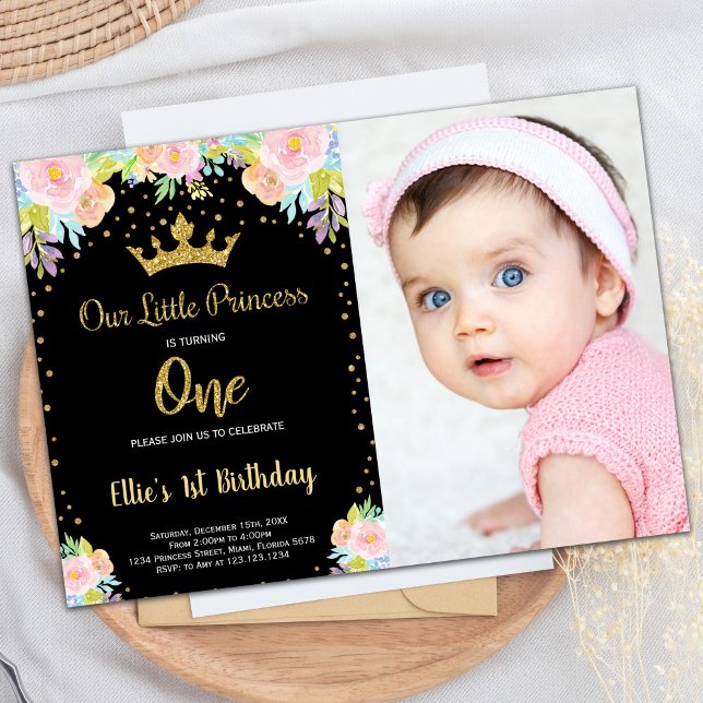Convite Foto 1rua Black Floral Princess Birthday (Photo 1st Black Floral Princess Birthday Invitation)