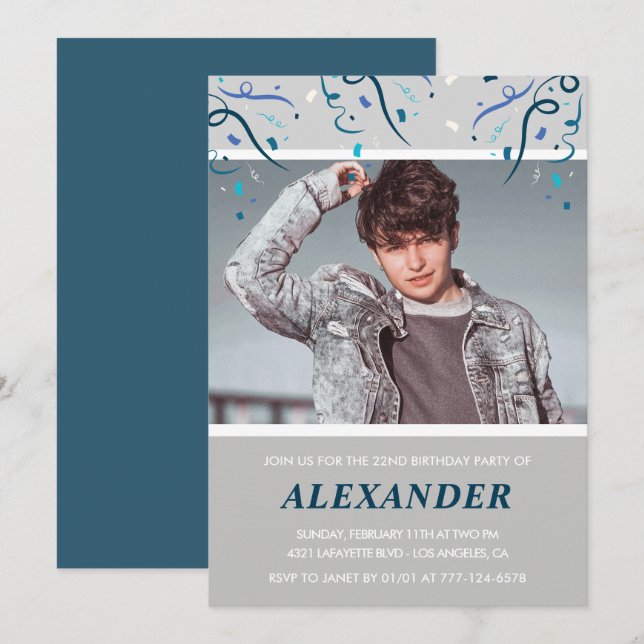 Convite Foto: 22º aniversário convida-o Blue Confetti (Frente/Verso)