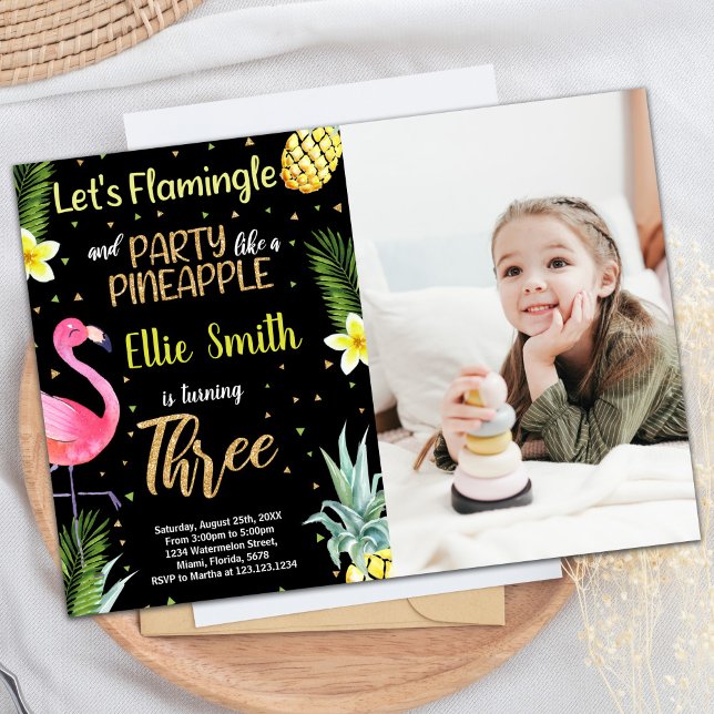 Convite Foto: 3º Aanã Flamingo Flamingo Negro (Photo 3rd Black Glitter Flamingo Pineapple Invitation)