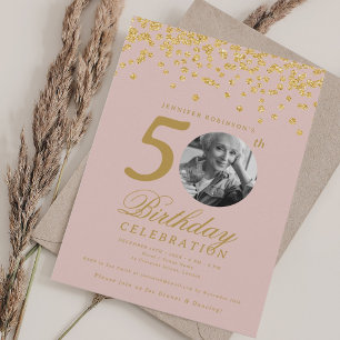 Convite Foto 50º aniversário Dourado Confetti Blush Pink