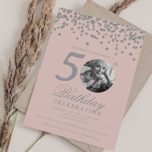 Convite Foto: 50º Aniversário, Prata Confetti Blush Pink