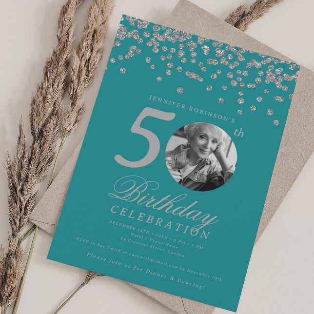 Convite Foto 50º Aniversário Prata Confetti Turquoise (Photo 50th Birthday Silver Confetti Turquoise Invitation)