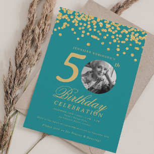 Convite Foto 50th Birthday Dourado Confetti Turquoise