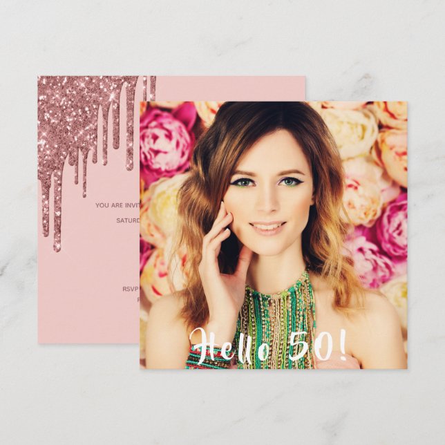 Convite Foto 50th festa de aniversário Hello 50 gotas de r (Frente/Verso)