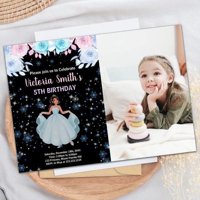 Convite Foto 5 Purple Floral Princess Birthday (Photo 5th Purple Floral Princess Birthday Invitation)