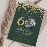 Convite Foto 60th Birthday Dourada Glitter Confetti Green<br><div class="desc">Um elegante design de "60º aniversário" com fotografia personalizada,  tipografia moderna e fundo de confete brilhante.</div>