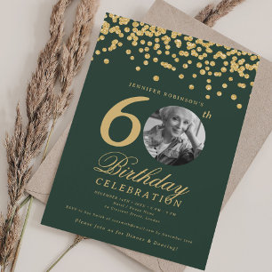Convite Foto 60th Birthday Dourada Glitter Confetti Green
