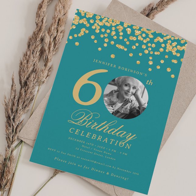Convite Foto 60th Birthday Dourado Confetti Turquoise (Photo 60th Birthday Gold Confetti Turquoise Invitation)