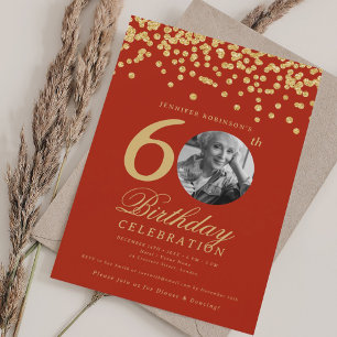 Convite Foto 60th Birthday Dourado Glitter Confetti Red