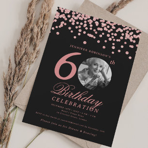Convite Foto 60th Birthday Rosa Dourado Confetti Black