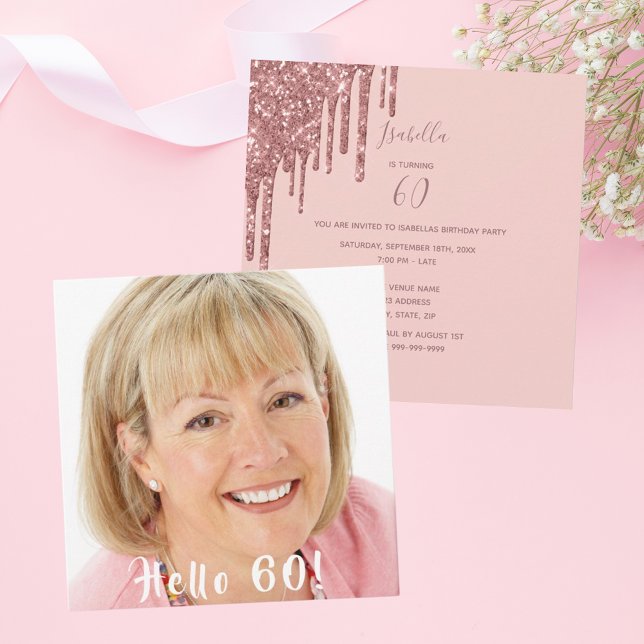 Convite Foto 60th festa de aniversário Hello 60 glitter (Criador carregado)
